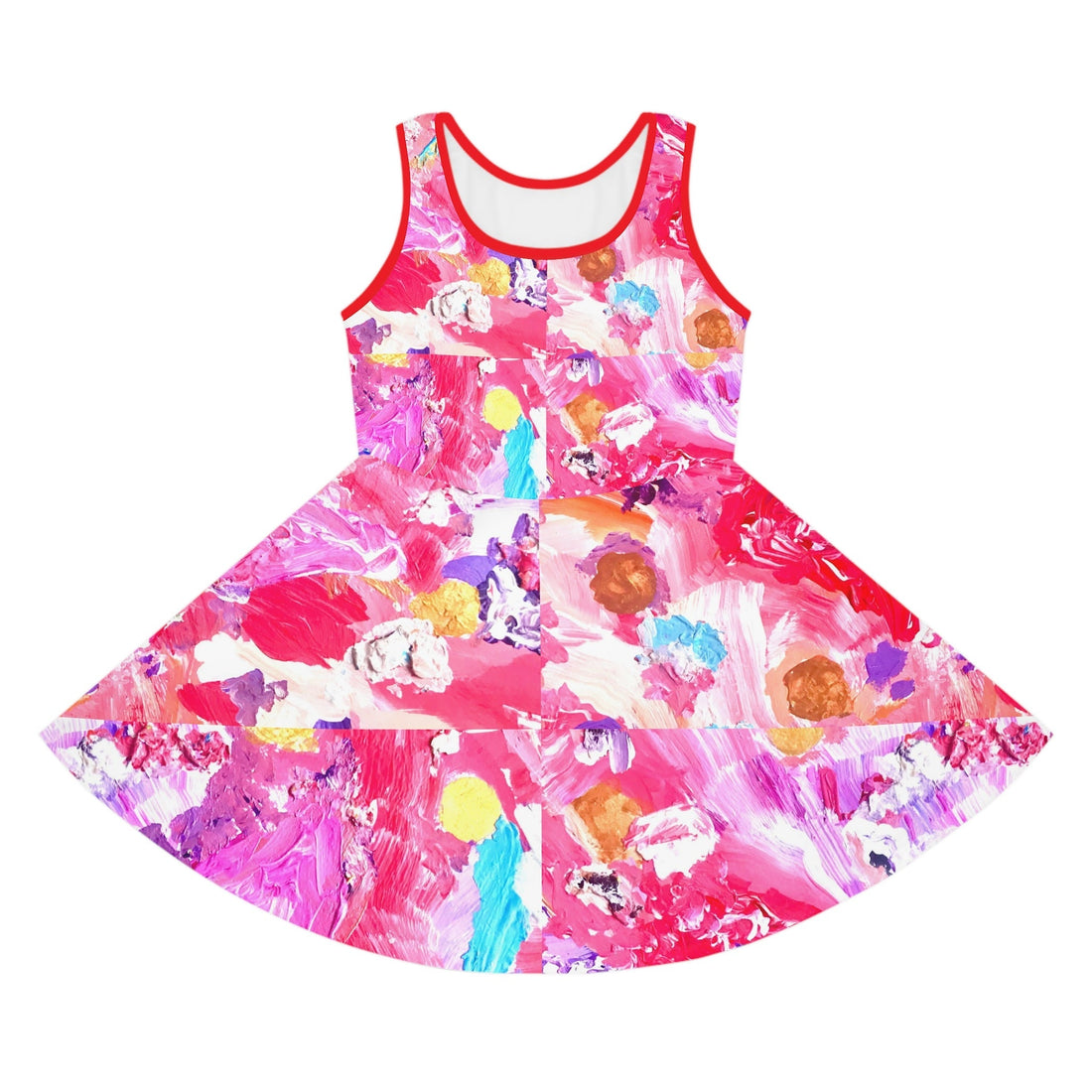 Girls sleeveless summer dress featuring Juice Bar at Kensington Market abstract art print with vibrant butterfly and colourful brushstrokes, comfortable mid-length A-line cut, perfect for kids’ casual fashion